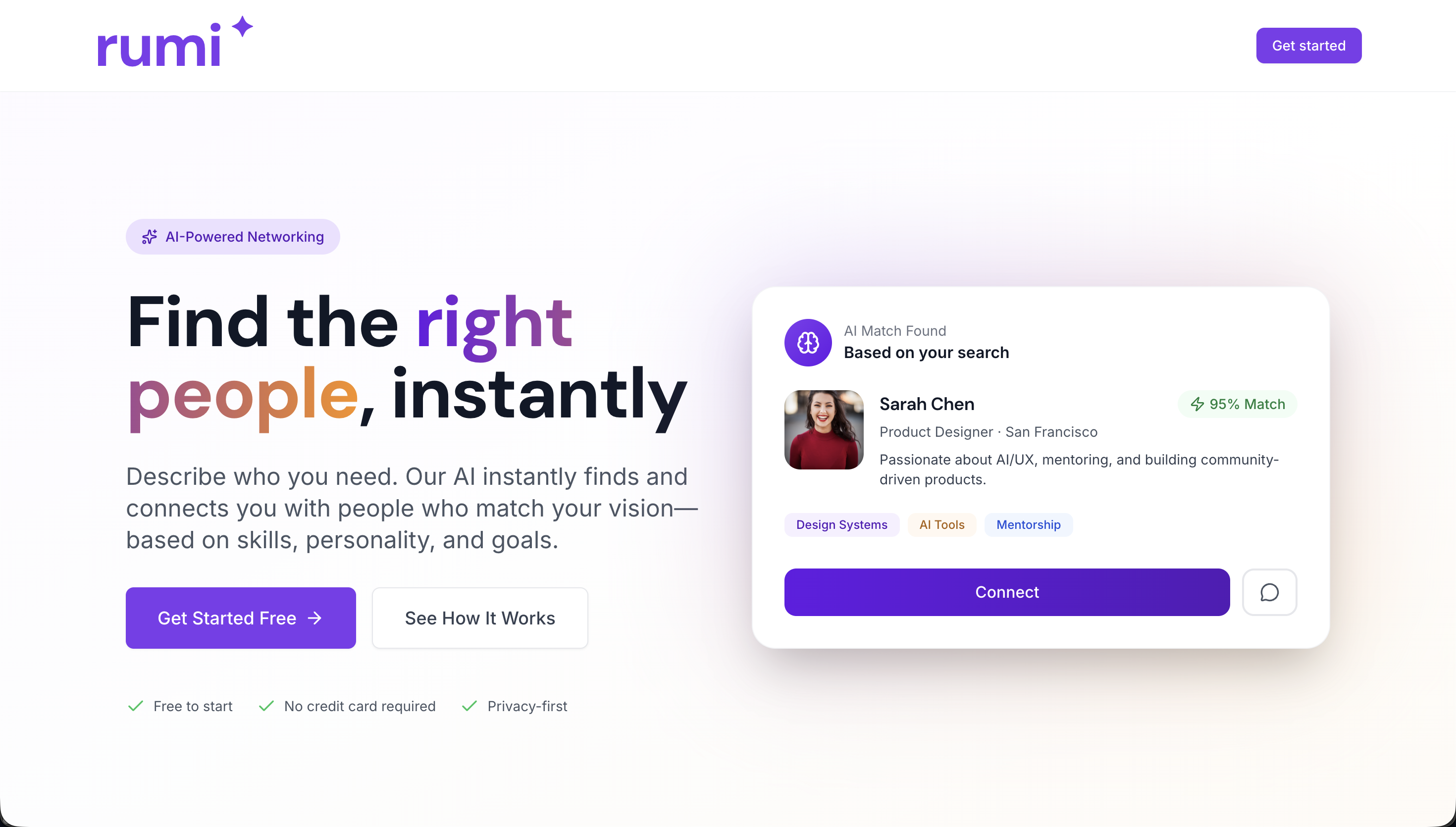 RUMI landing page — find the right people, instantly