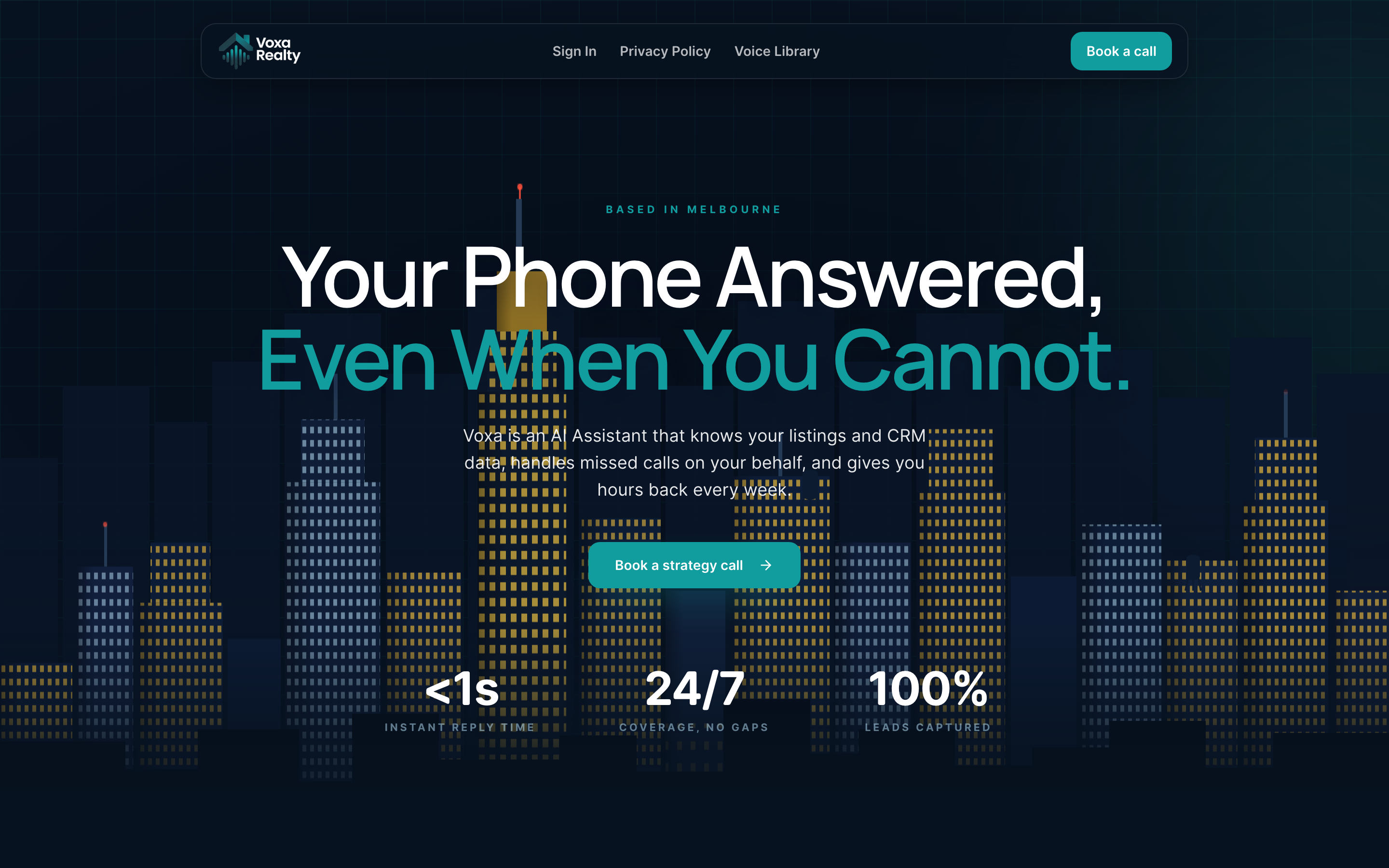 Voxa Realty landing page — AI receptionist for real estate teams